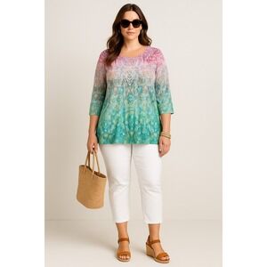 CJ Banks Top Women 2X Pink Blue Paisley Studded Paisley Ombre Stretch Flowy Boho